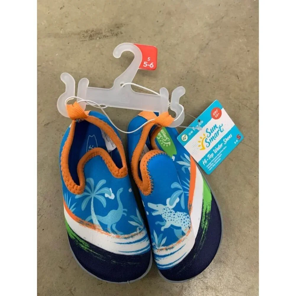NWT Sun Smart Hi-Top Water Shoes Dinosaur Summer Beach Pool Blue Sz 5/6 Toddler